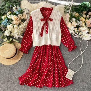 Set: Long-sleeve Dotted Midi A-line Dress + Knit Vest