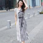 Striped Panel Sleeveless Midi Shirt Dress