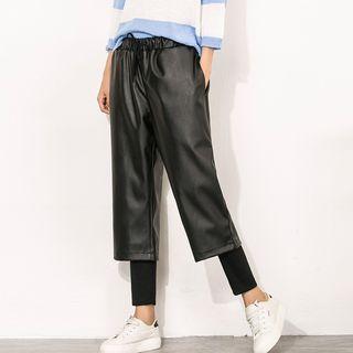 Faux Leather Wide Leg Pants With Mock Two-piece Inset Leggings