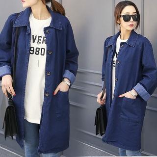 Raglan-shoulder Buttoned Denim Coat