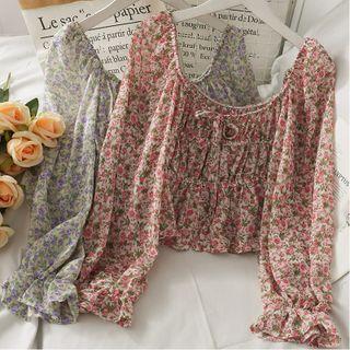 Off-shoulder Tie-neckline Floral Top