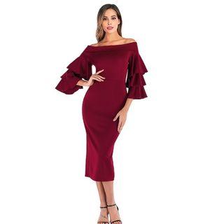 Off-shoulder Ruffle Sleeve Bodycon Dress