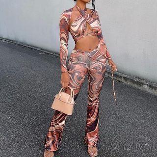 Set: Long Sleeve High-neck Print Top + Pants