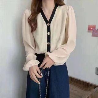 Puff Long-sleeve V-neck Chiffon Panel Knit Top