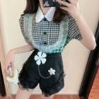 Short-sleeve Lace Trim Plaid Blouse / Flower Accent Shorts