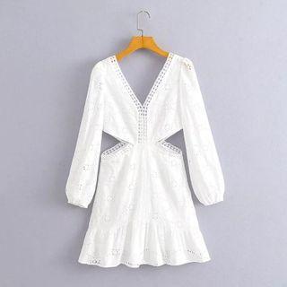 Long-sleeve Eyelet Lace Cut-out Mini A-line Dress