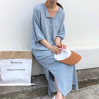 Elbow-sleeve Collared Knit Midi Dress