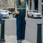 Mock Two-piece Puff-sleeve Patterned T-shirt / Mid Rise Wide Leg Jeans / Set