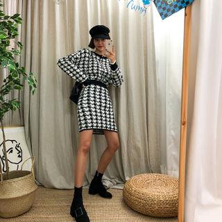 Houndstooth Knit Cardigan & Miniskirt Set