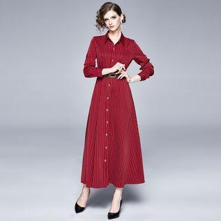 Pinstriped A-line Maxi Shirtdress