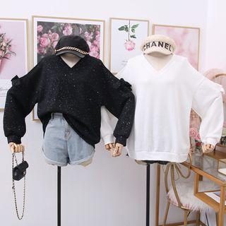 Glitter Off-shoulder V-neck Sweatshirt