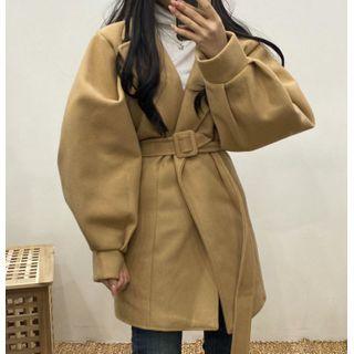 Puff-sleeve Lace-up Woolen Coat