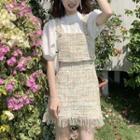 Puff-sleeve Lace Trim Blouse / Plaid Camisole Top / Fringed Hem Mini Pencil Skirt