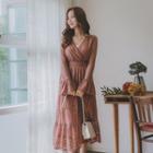 Bell-sleeve V-neck Gather-waist Lace Dress