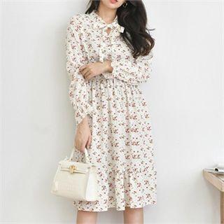 Tie-neck Frill-hem Midi Floral Dress