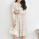 Tie-neck Frill-hem Midi Floral Dress