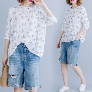 Floral Semi Sleeve Round-neck T Shirt White - L