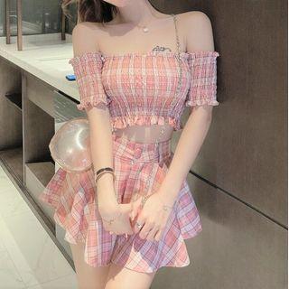 Off-shoulder Plaid Crop Top / Skort