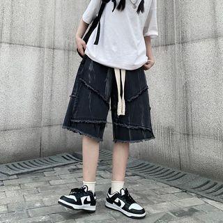 Drawstring Waist Frayed Washed Denim Shorts