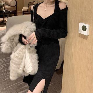 Long-sleeve V-neck Off Shoulder Plain Knotted Slit Hem Knit Dress