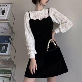 Long-sleeve Textured Top / Spaghetti Strap Scalloped Mini A-line Dress