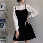 Long-sleeve Textured Top / Spaghetti Strap Scalloped Mini A-line Dress