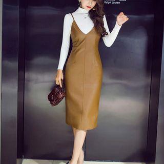 Faux Leather Strappy Midi Sheath Dress