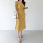 Drawstring-sleeve Shirred Maxi Floral Dress Yellow - One Size