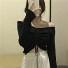 Off-shoulder Drawstring Long-sleeve Knit Top