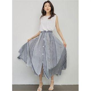 Button-front Stripe Maxi Skirt Navy Blue - One Size