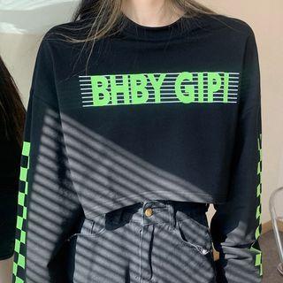 Lettering Checkerboard Print Cropped Sweatshirt Black - One Size