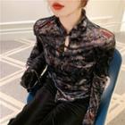 Mandarin Collar Floral Print Long-sleeve Top