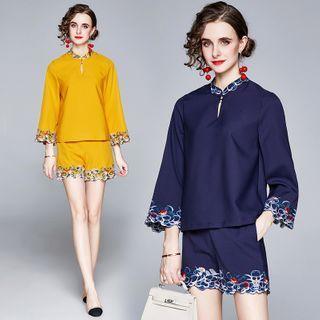 Set: Long-sleeve Floral Embroidery Mandarin-collar Top + Shorts
