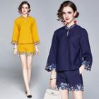 Set: Long-sleeve Floral Embroidery Mandarin-collar Top + Shorts