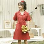 Short-sleeve Collared A-line Dress Red - One Size