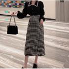 Puff-sleeve Shirt / Houndstooth Midi Skirt