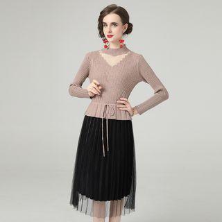 Long Sleeve Mock Two Pieces Pleated Knit Dress Camel - One Size
