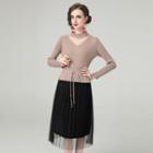 Long Sleeve Mock Two Pieces Pleated Knit Dress Camel - One Size