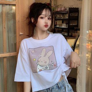 Elbow-sleeve Print Drawstring T-shirt