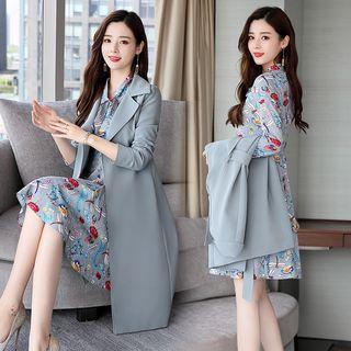 Set: Long-sleeve Floral Print A-line Dress + Long Coat