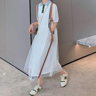 Elbow-sleeve Mesh Midi A-line Polo Dress