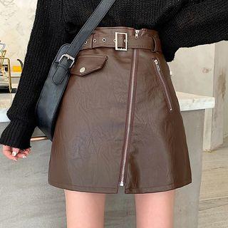 High-waist Zip Faux Leather A-line Skirt