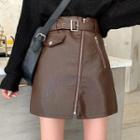 High-waist Zip Faux Leather A-line Skirt