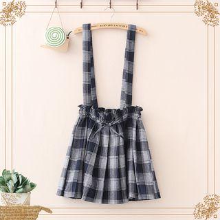 Plaid Suspender Skirt Plaid - Navy Blue - One Size