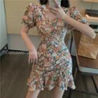 Puff-sleeve Floral Print Drawcord Mini Dress As Shown In Figure - One Size
