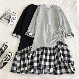 Mock Two-piece Asymmetric Plaid Panel Lace-up Sweatshirt Dress