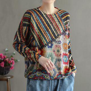 Print Knit Top Blue & Yellow & Purple - One Size
