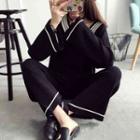 Set: V-neck Striped Trim Sweater + Knit Wide-leg Pants