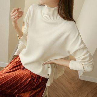 High-neck Button-side Knit Top