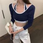 Off-shoulder Halter Crop T-shit / Plain Wide-leg Pants